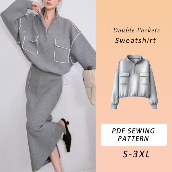 Women's Sweatshirt Sewing Pattern, Double Pockets Sweatshirt, Women's Fashion, Sweatshirt Pattern, Casual Wear, PDF Sewing Pattern, Tutorial