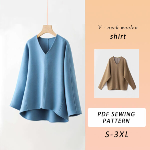 V Neck Woolen Shirt Sewing Pattern, Simple Shirt Pattern, Casual Wear, Shirt Pattern, Womens Top, PDF Sewing Pattern, 6 Sizes, A4 A0 US