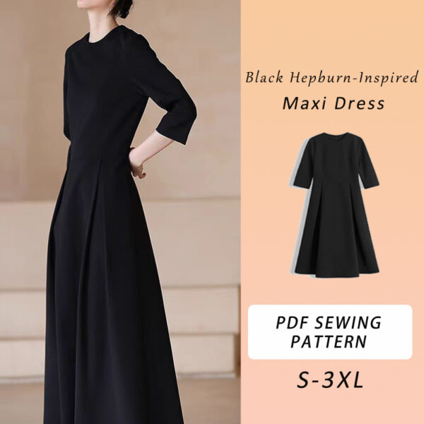 Black Hepburn Inspired Maxi Dress Sewing Pattern, Dress Pattern, Long Dress Pattern, Women's Dress, 6 Sizes, PDF Sewing Pattern, Tutorial