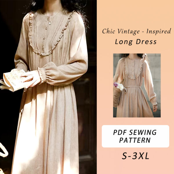 Vintage Inspired Long Dress Sewing Pattern, Chic Long Dress, Women's Dress, Dress pattern, 6 Sizes, A4 A0 US, PDF Sewing Pattern, Tutorial